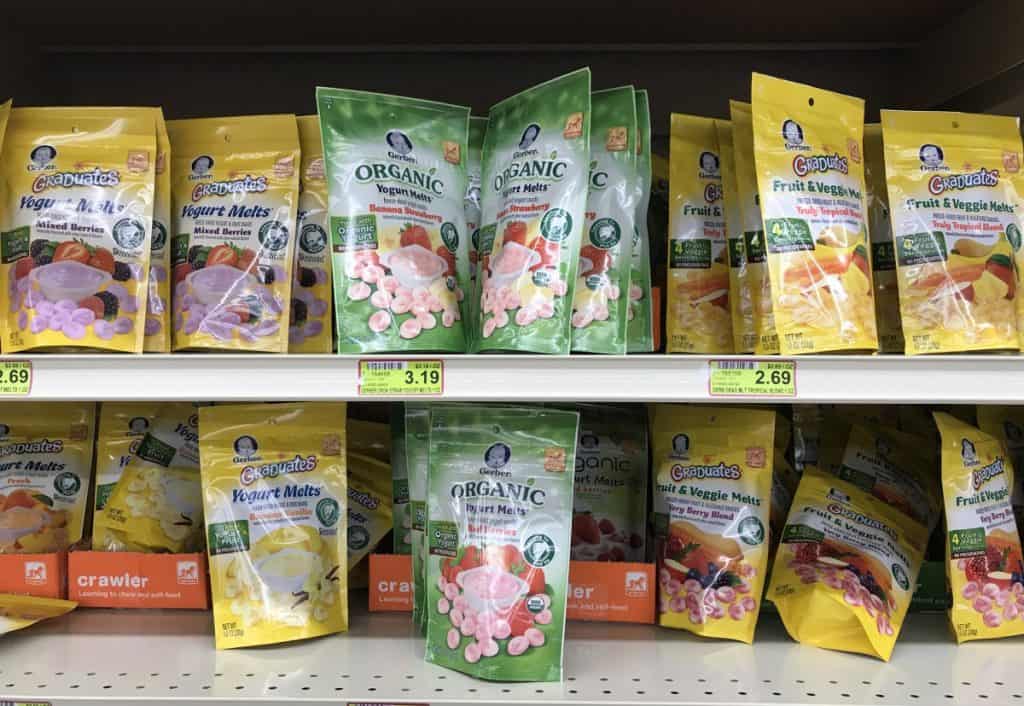 yogurt melts in packages on the grocery store shelf