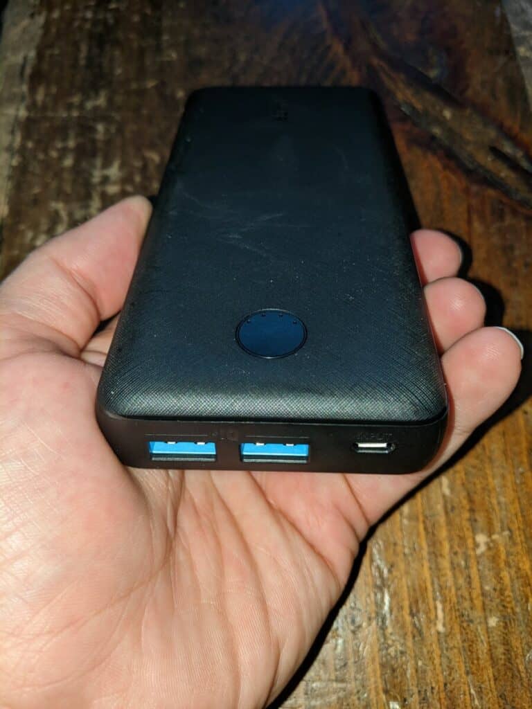 powercore 20000 in the palm of my hand.  I'm showing the two USB A ports you can use to plug in your devices