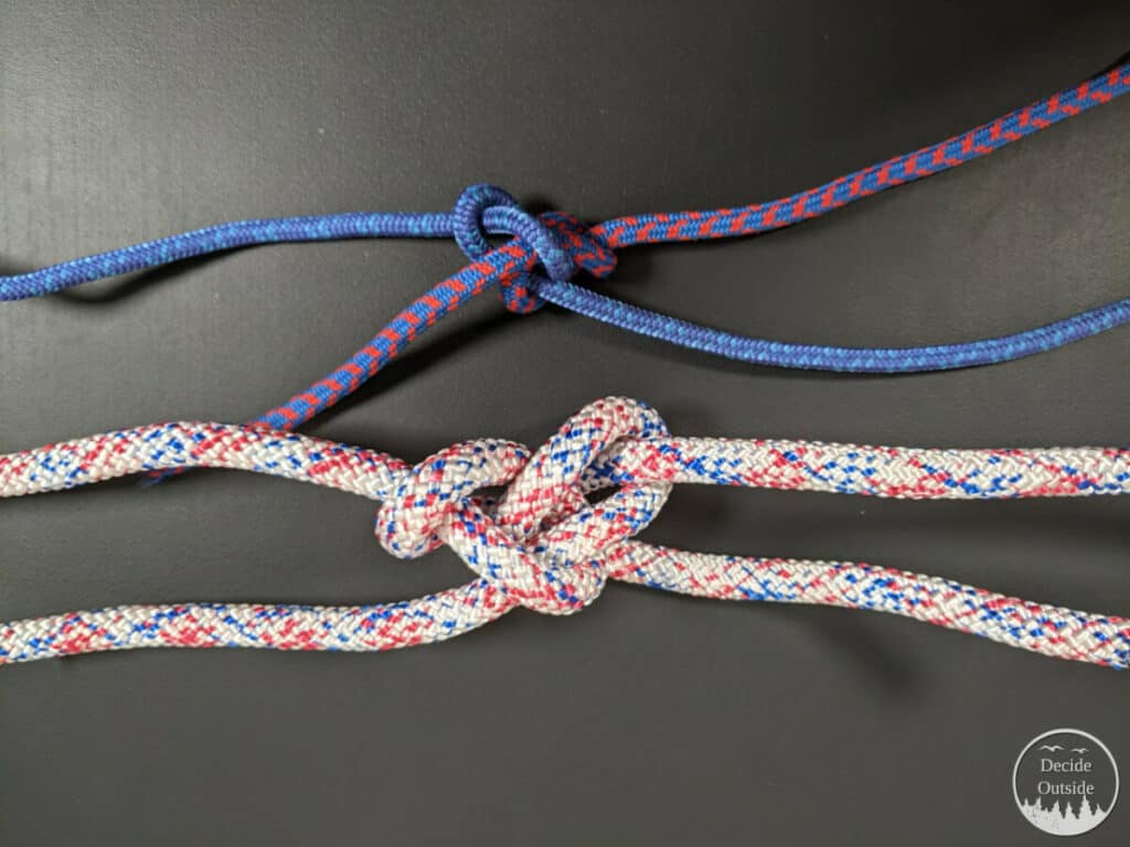 Two Carrick Bend examples with two pairs of rope.
